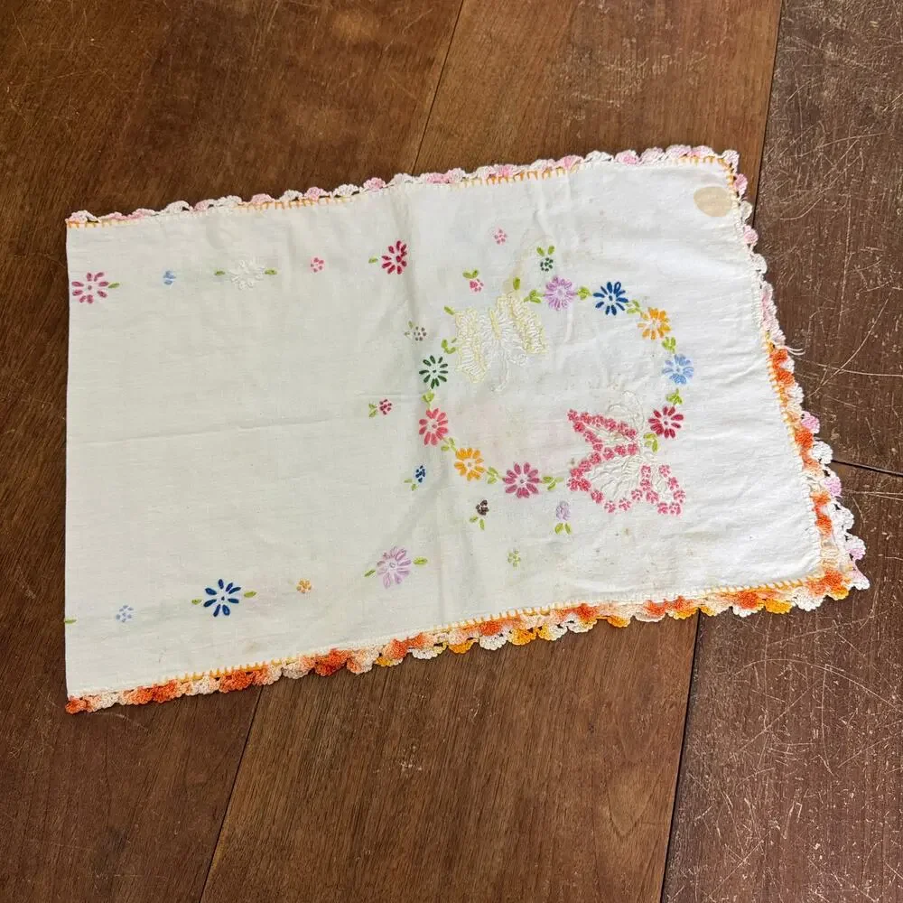 Vintage Hand-Stitched Embroidery Wash Stand Hand towel Floral Wreath Butterflies